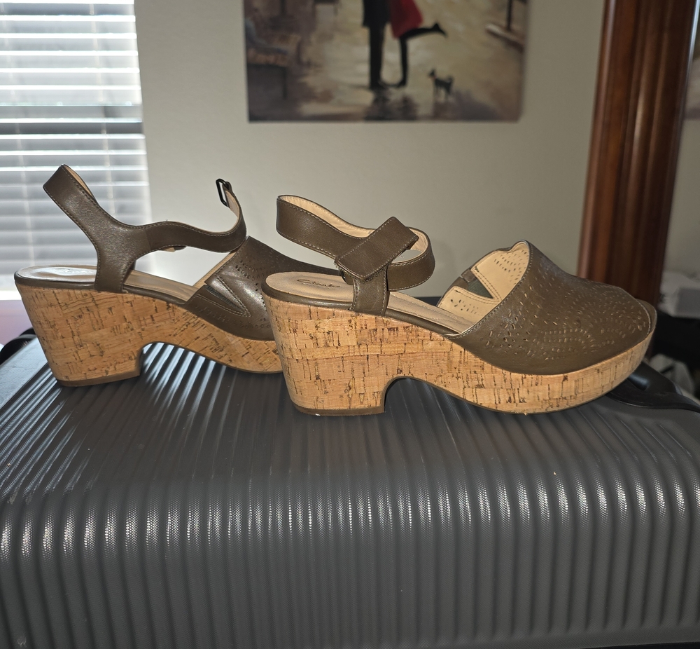 Clarks Olive Green Cork Platform Sandals with Ankle Strap